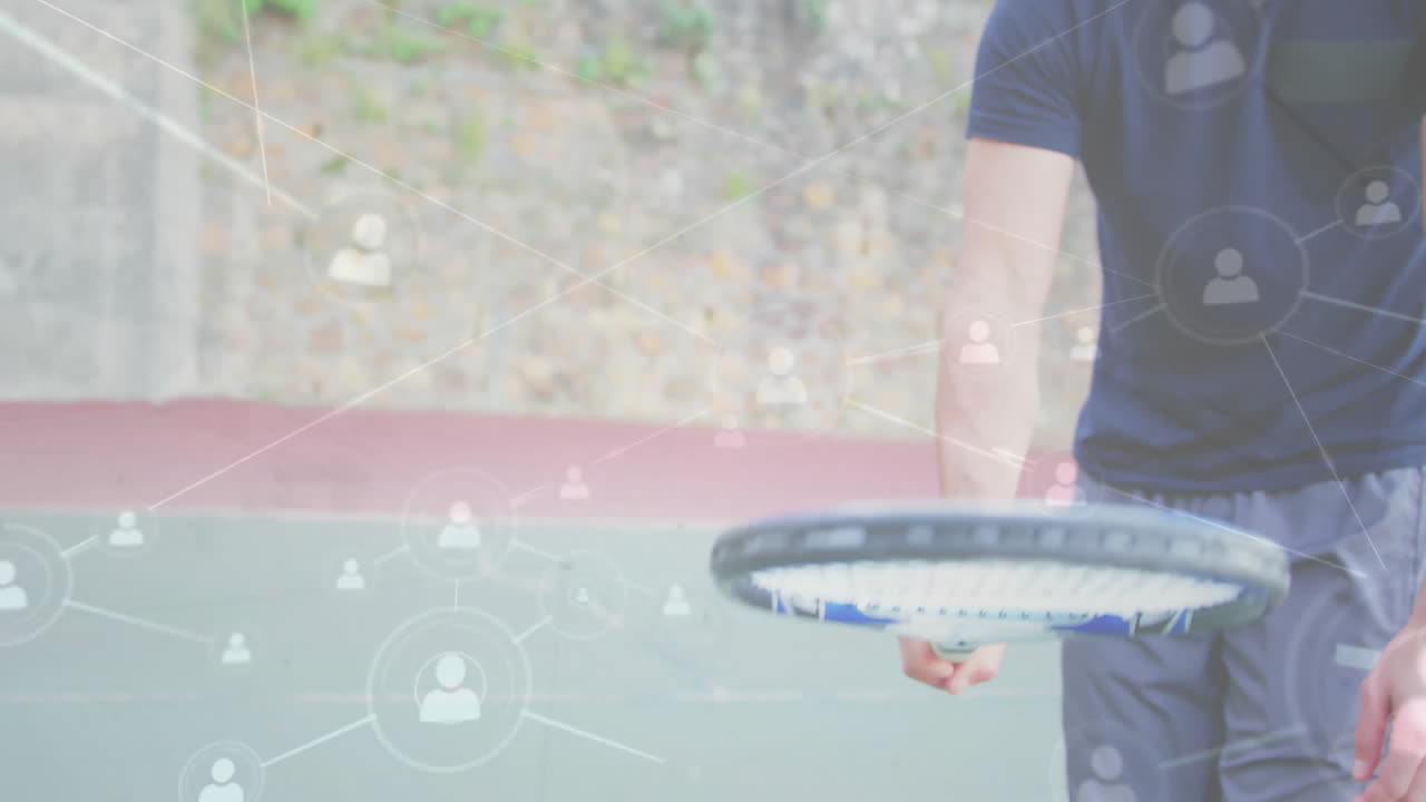 Man gripping tennis racket on outdoor court, displaying tech network icons linking performance data