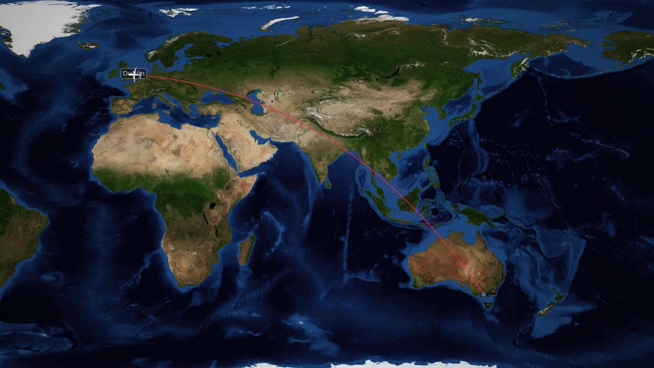 Red line tracks an airplane icon flying across a world map from Australia to Europe.