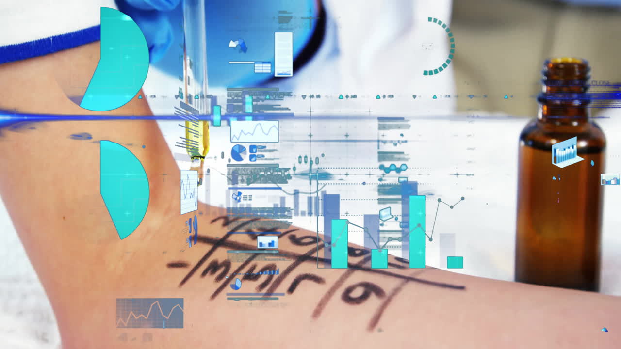 Forearm being animated under digital health data overlay in 3D render, with syringe dropping liquid