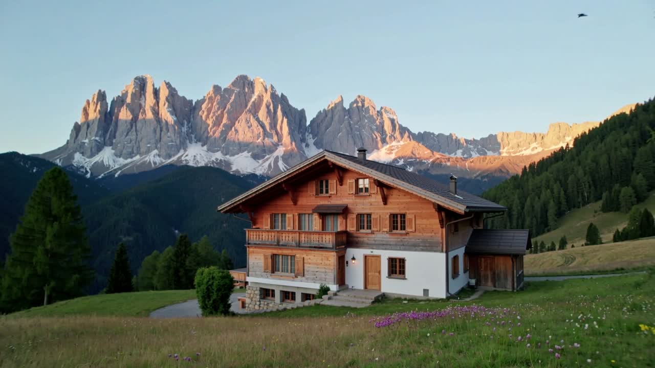 Die tief stehende Sonne erzeugt Alpenglühen, während ein einzelner Vogel über einer hölzernen Berghütte auf einer Wiese fliegt.