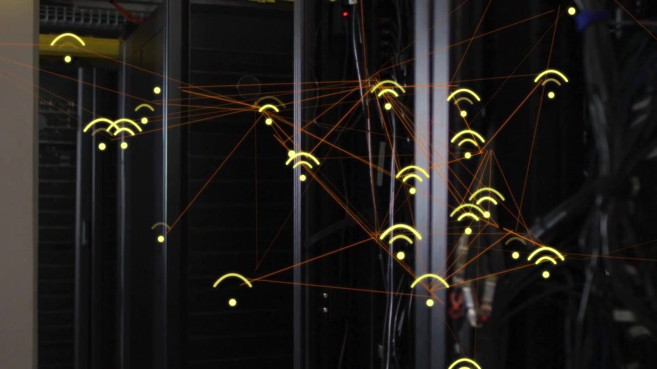 Icons appearing on racks in datacenter starting network overlay showing nodes, lines and data flow