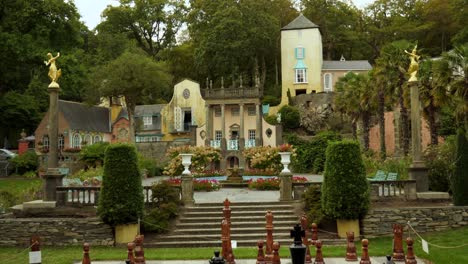 view of portmeirion, an italian style tourist village on the coast of north wales, uk