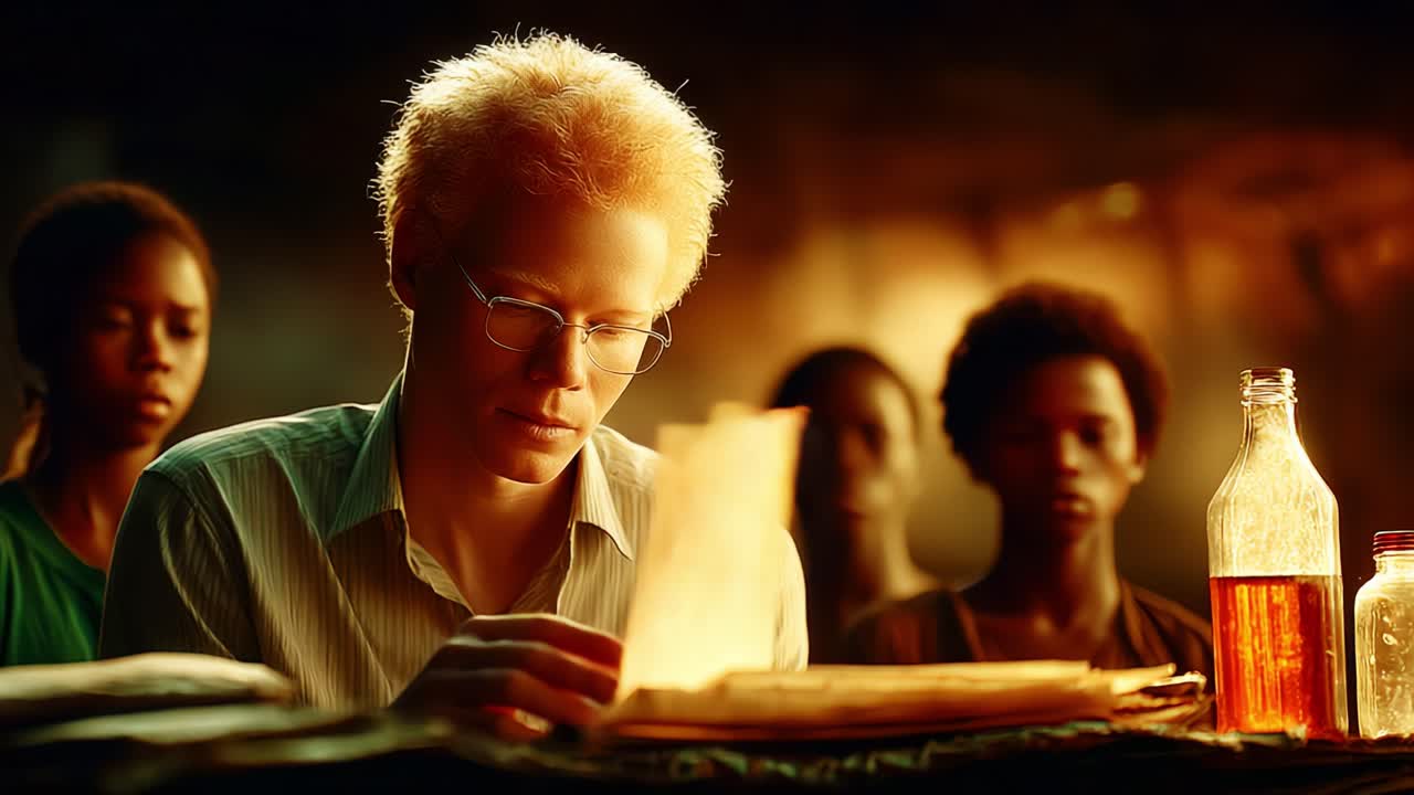 A contemplative moment captured as a young man with unique features studies documents, surrounded by intriguing figures in a softly lit atmosphere that evokes curiosity and reflection