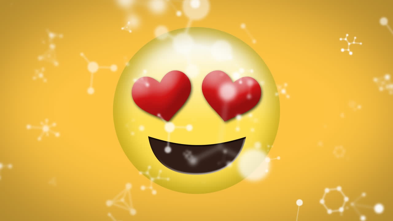 animación de conexiones de red blancas que caen sobre los ojos del corazón emoji de amor sobre fondo amarillo