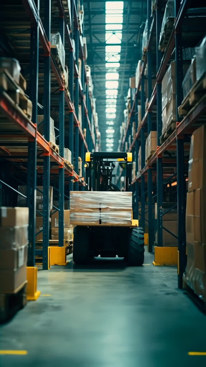 Carrello elevatore in funzione in un corridoio di magazzino con scaffali alti di merci
