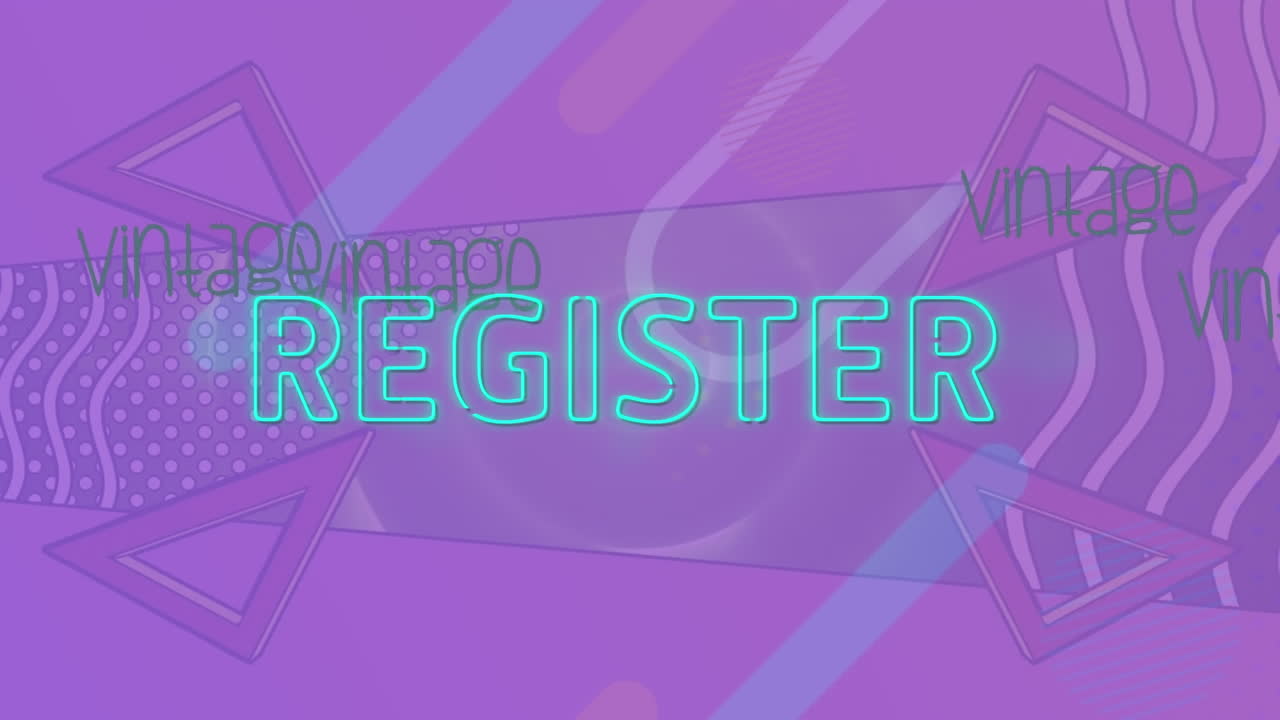 animación del texto del registro sobre formas en fondo púrpura.