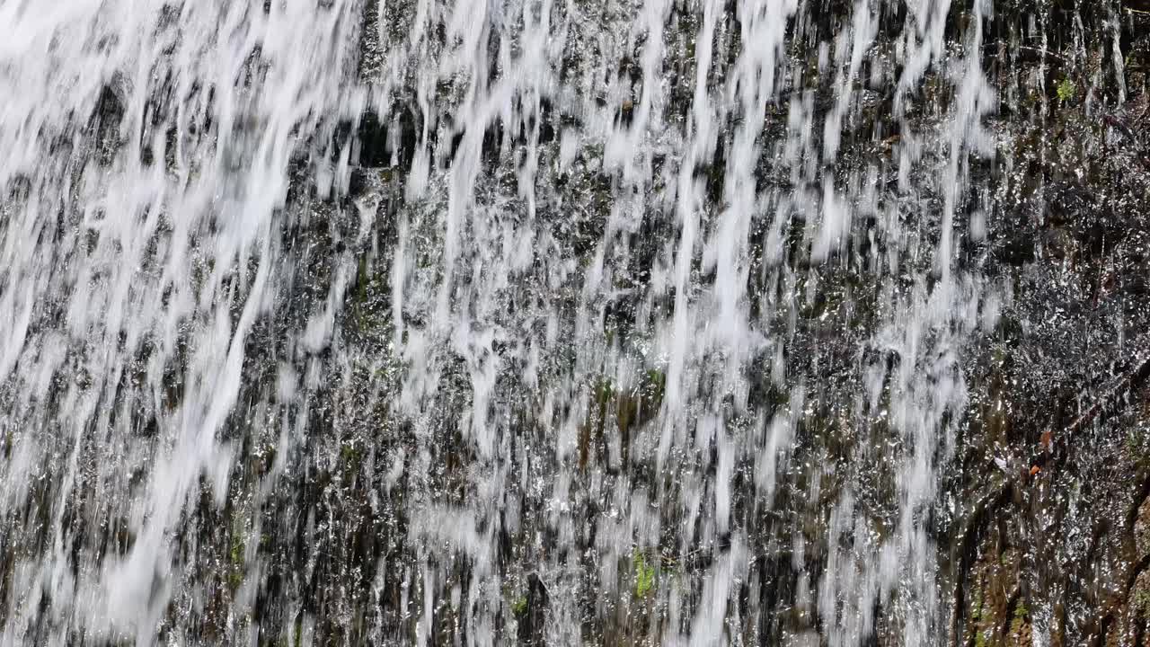 Rapid waterfall cascades over moss-covered rocks, natural daylight, steady close-up, textured movement