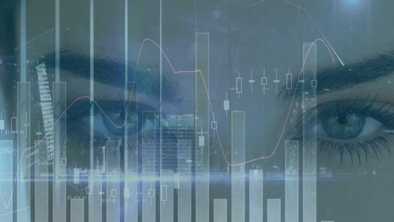 Animation of financial data processing with statistics over woman's face