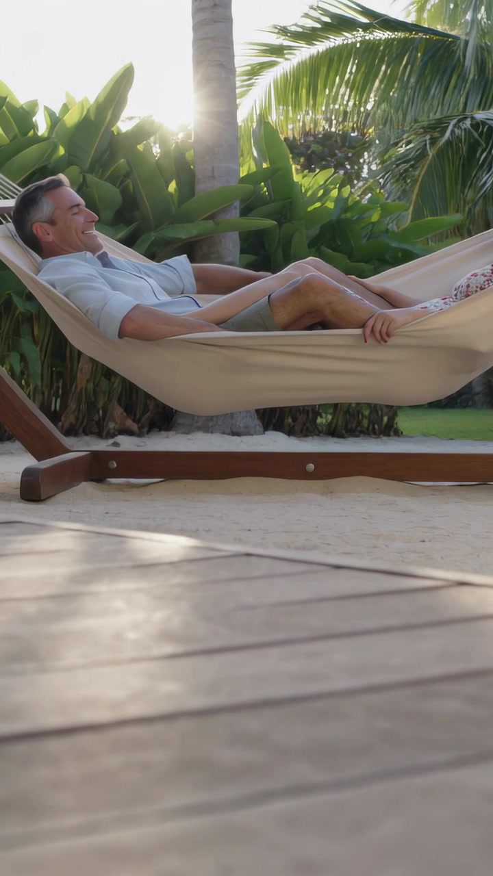 Vertical video: Low framing of pair reclining in hammock on deck, woman in floral shifting, resting