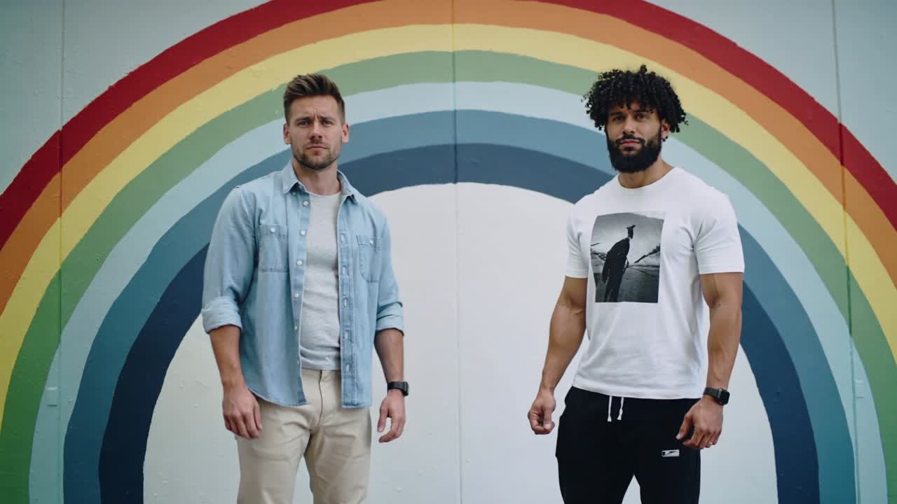 Camera starting, two adult men posing by rainbow mural, shifting weight and showing watches