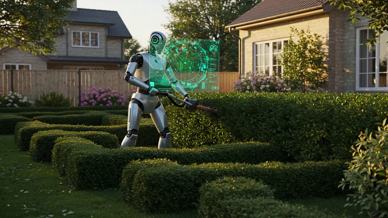 A Futuristic Robot Trimms Hedges in a Vibrant Garden, Showcasing the Convergence of Technology and Landscaping in a Lush Backyard Environment