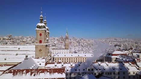 Winter-view-of-the-cathedral-and-old-town-covered-with-snow,-Sankt-Gallen,-St