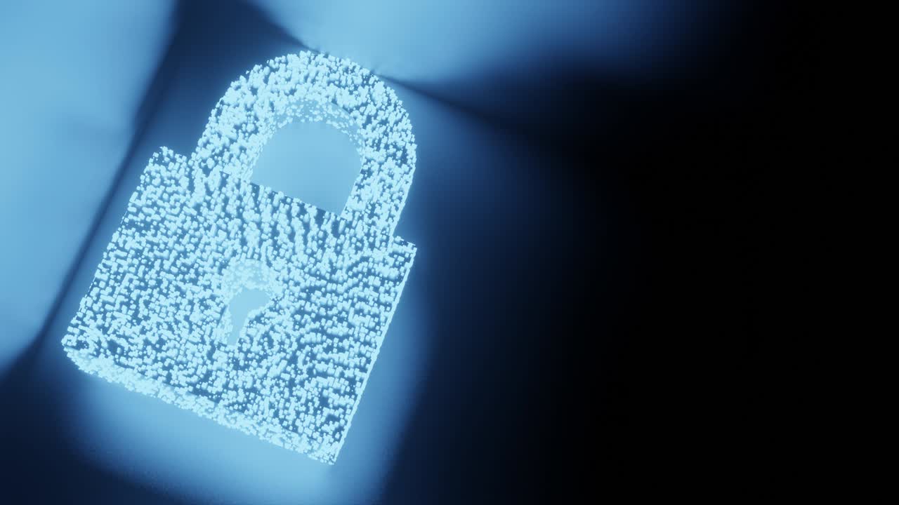 signo y símbolo de bloqueo brillo partícula futurista 3d renderización patrón de polígono cúbico, privacidad y seguridad desbloqueo de tecnología de red diseño conceptual en fondo negro animación 4k con espacio de copia