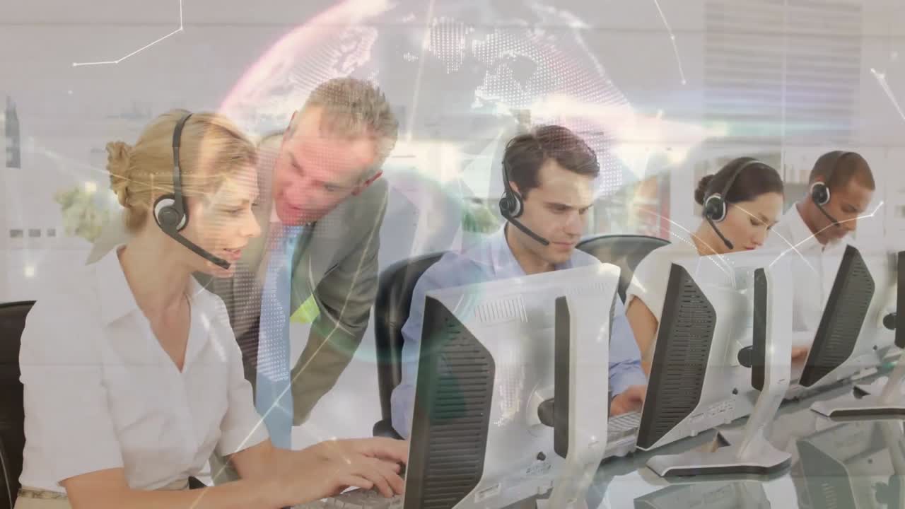 전화 헤드 ⁇  을 사용하는 사업가 들 의 전 세계 에 대한 애니메이션