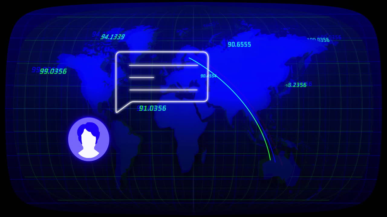Glowing white speech bubble icon sending curved cyan and green data flows across blue map grid