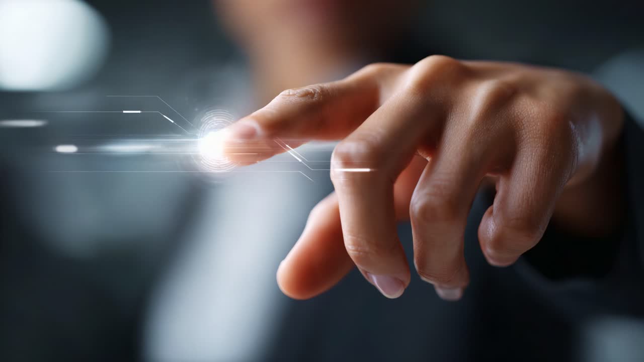 A person interacts with a luminous interface, showcasing the elegance of technology and human touch, bridging the gap between the physical and digital realms seamlessly