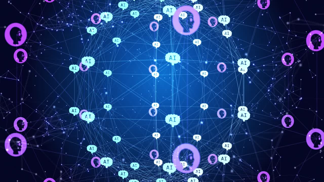 파란색 배경에 회전하는 선과 연결되는 인간 표현과 ai 아이콘의 애니메이션