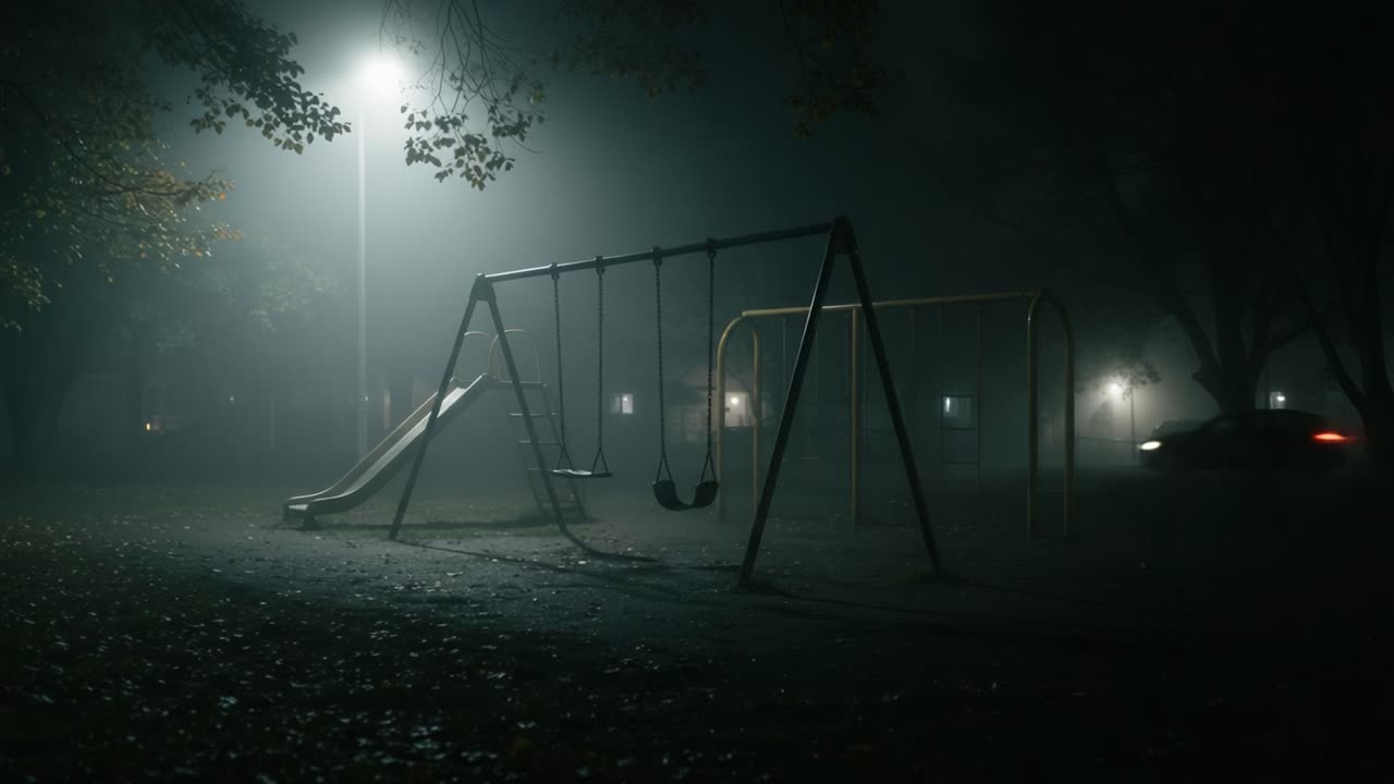 En hjemsøgende legepladsscene: Tomhed og mystik under den tågede nattehimmel med gynger og rutsjebane under en dæmpet gadelygte.