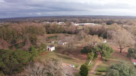 wide aerial shot of the historic melrose plantation slave quarters in natchez, mississippi