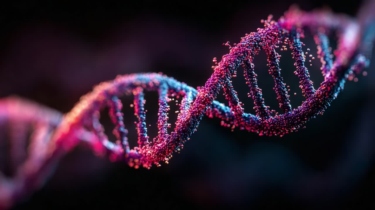 Una straordinaria visualizzazione della struttura del DNA che mette in risalto la doppia elica e il suo intricato design, mostrando la bellezza del materiale genetico in un gioco di luci colorate