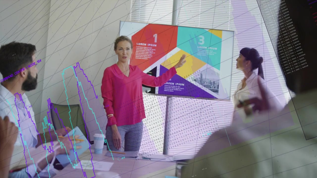 Presenter in pink blouse pointing at display, inviting peer while graphs overlaying business chart