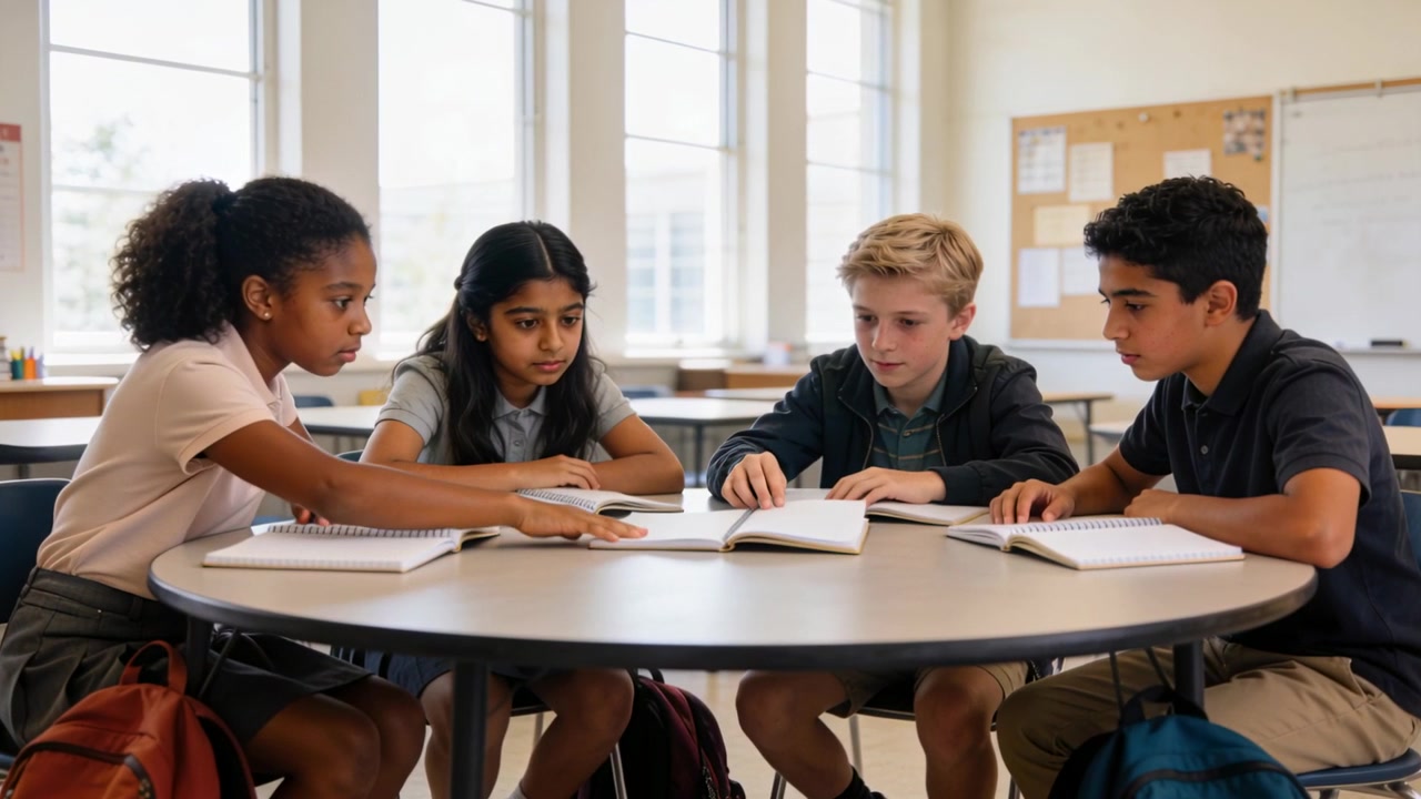 Flipping left student at school table, four students in polos leaning, studying central textbook