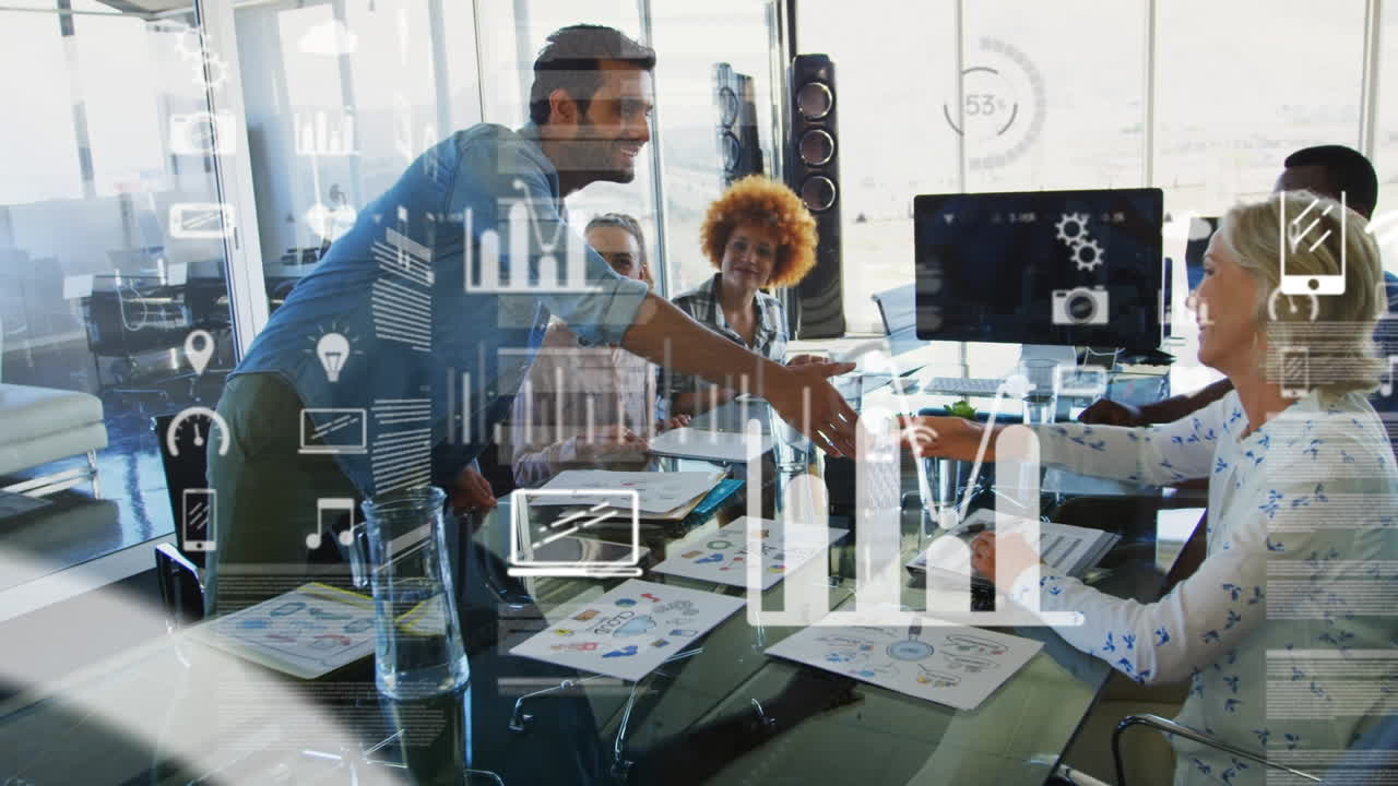 Animation of financial data processing over diverse business people