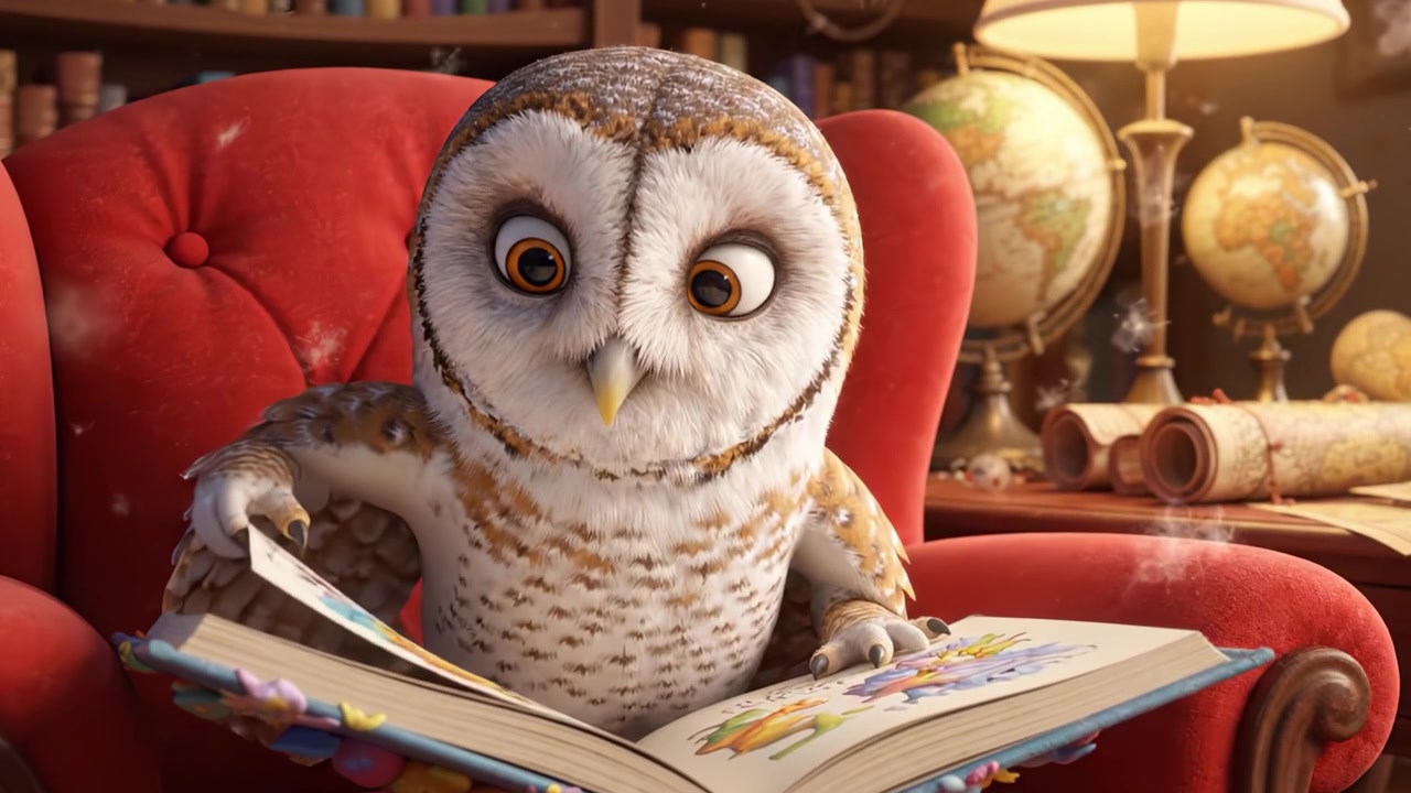 Uma Coruja Curiosa Fascinada por Contos Antigos em uma Biblioteca Aconchegante, Imersa na Aventura da Leitura com um Livro Cativante em suas Garras