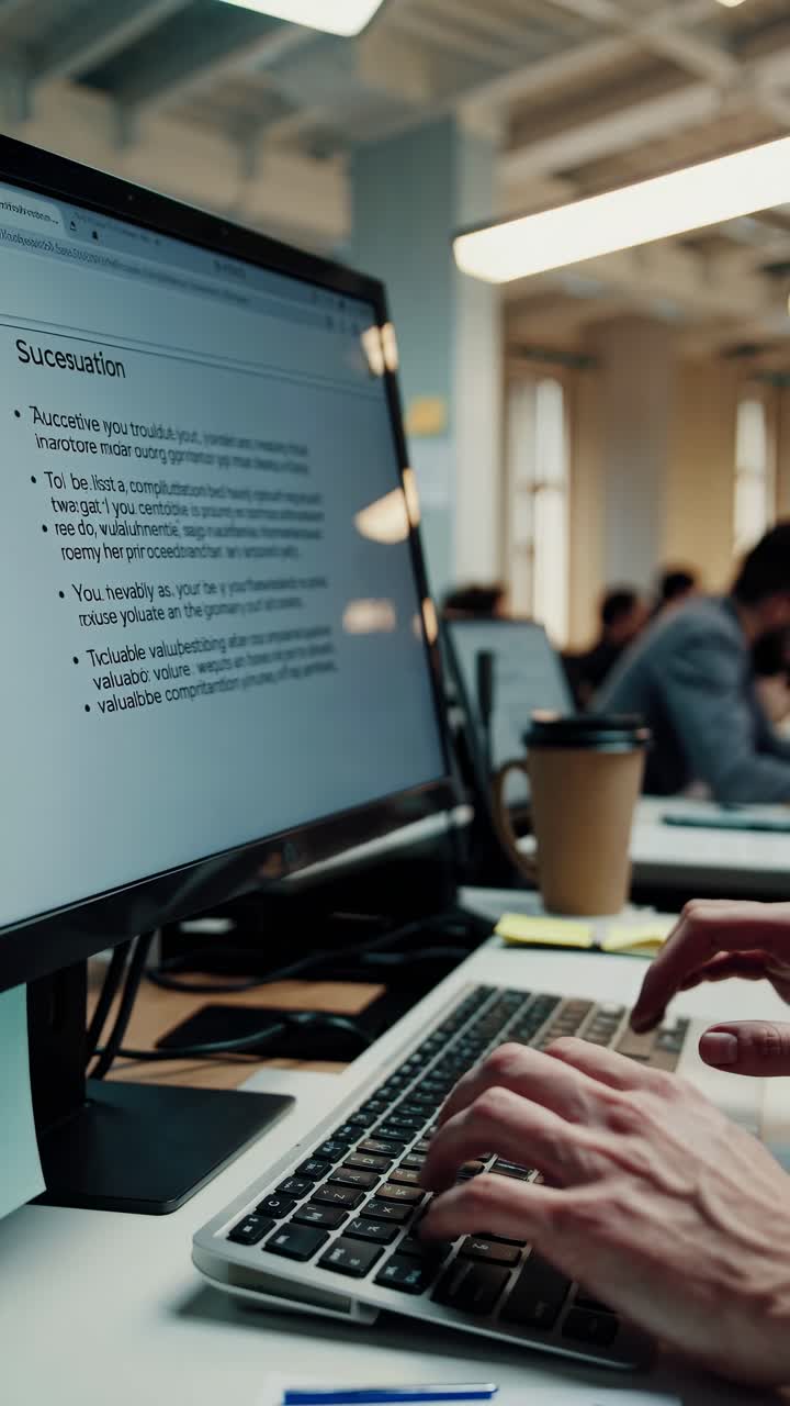 Wide-angle shot of a modern office with a focus on a computer screen, capturing a busy work