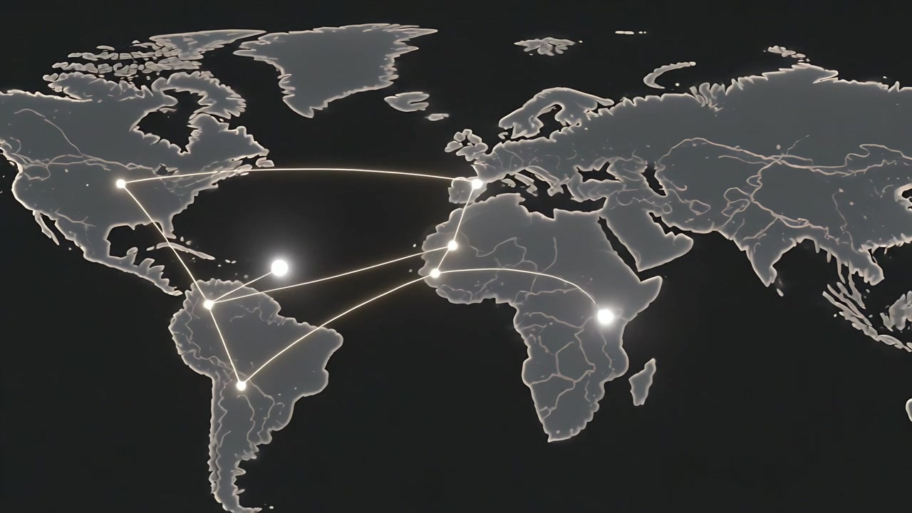 Frames animating dark map showing lit coasts pulsing nodes and gold arcs visualizing global links
