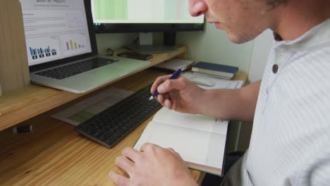 focused caucasian man working remotely using computer, taking notes