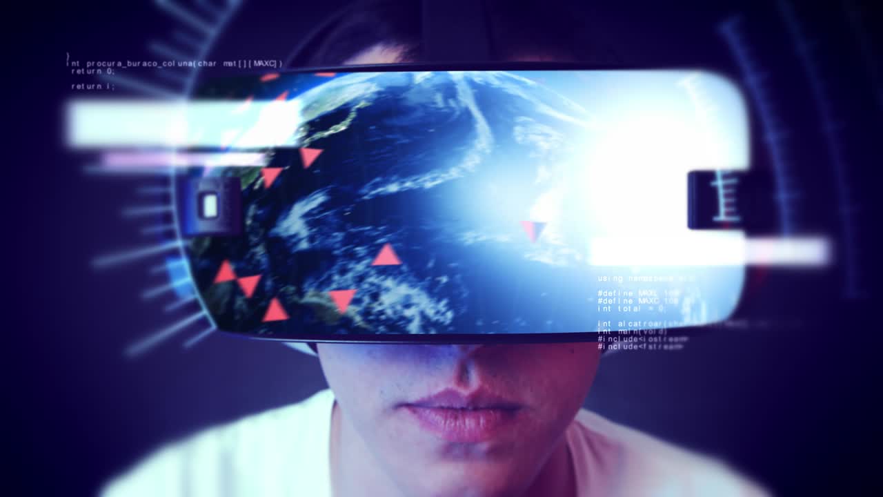 Handsome young man wearing VR headset and experiencing virtual reality.