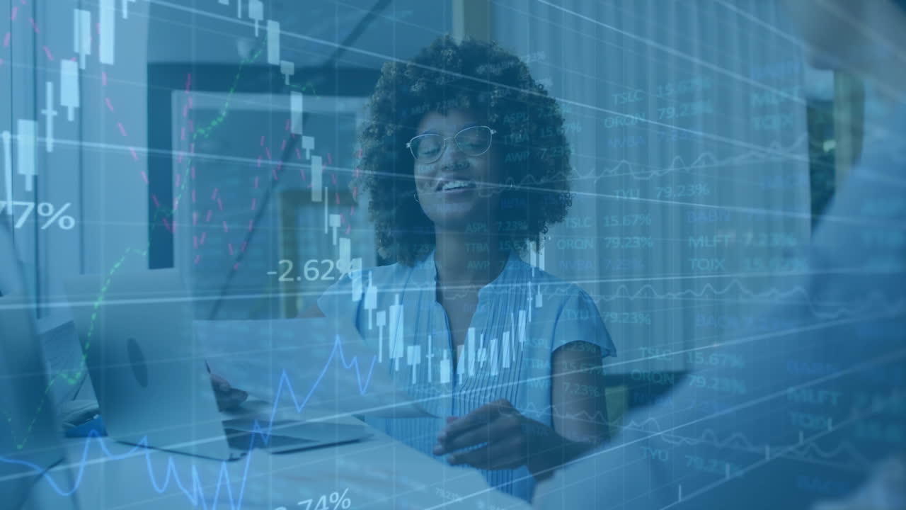 Businesswoman analyzing financial graphs and data processing animation in office