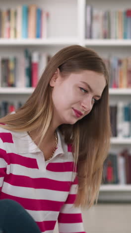 una mujer lee un libro con sus amigos en la biblioteca. una mujer emocional participa en la reunión del club de literatura en la librería. los estudiantes jóvenes se sientan en el suelo.