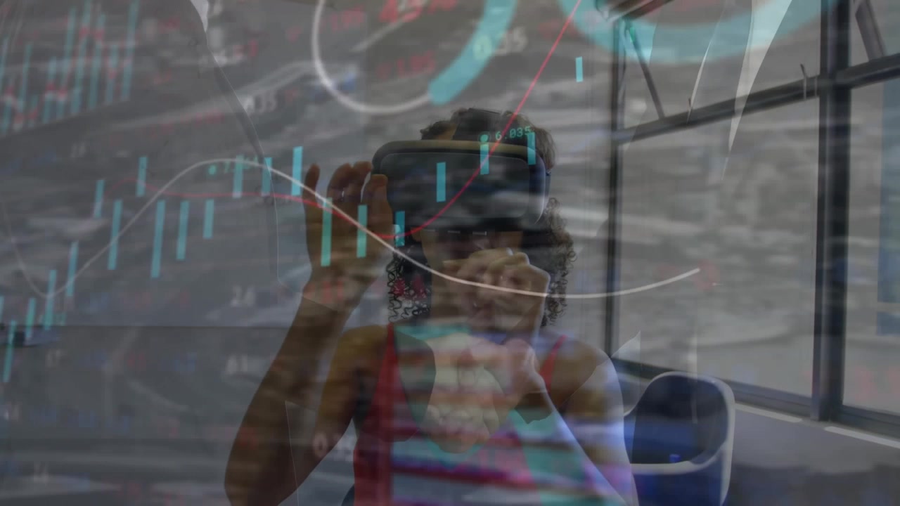 Animation of data processing over businesswoman using vr headset