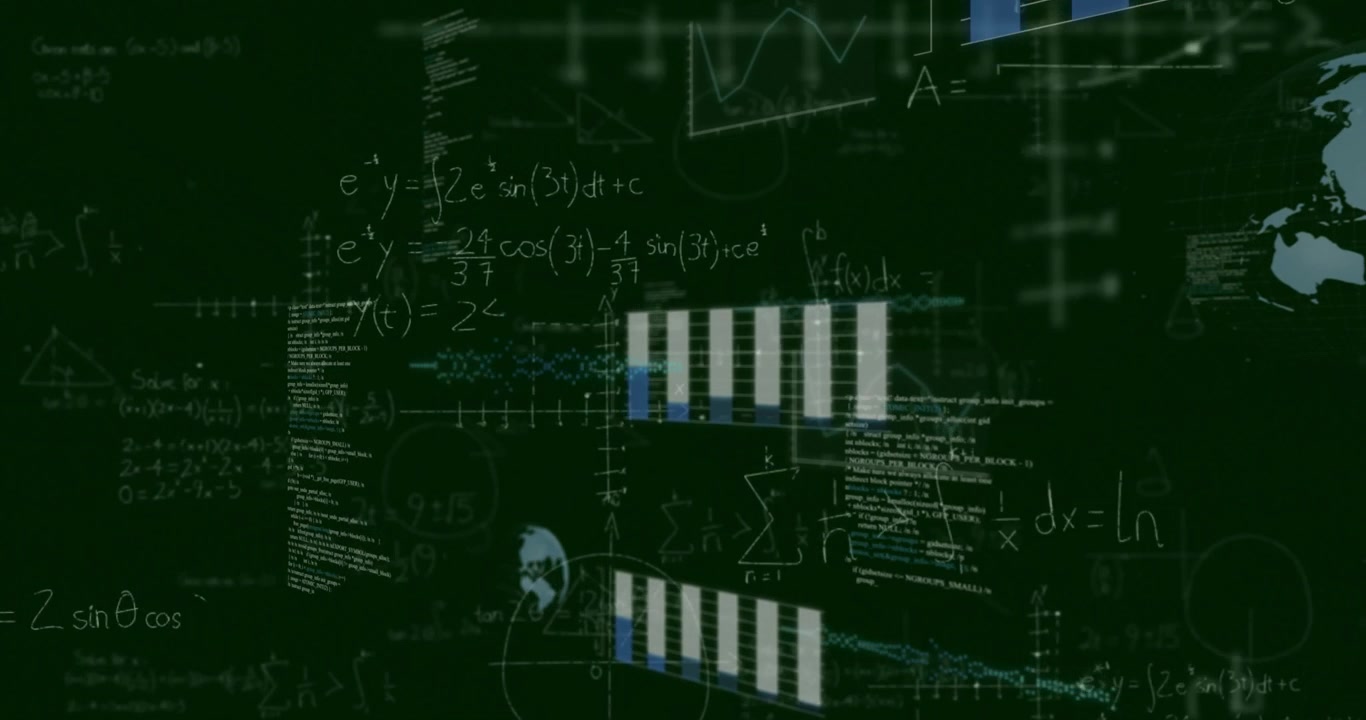 Vertical bar chart cluster animating over grid axes in flat design, with formulas and line graphs