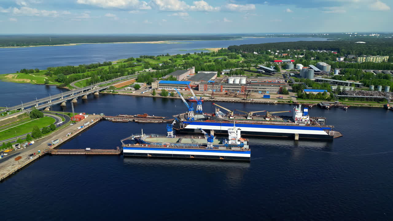 Ships on dry docks undergoing maintenance in Riga, Latvia