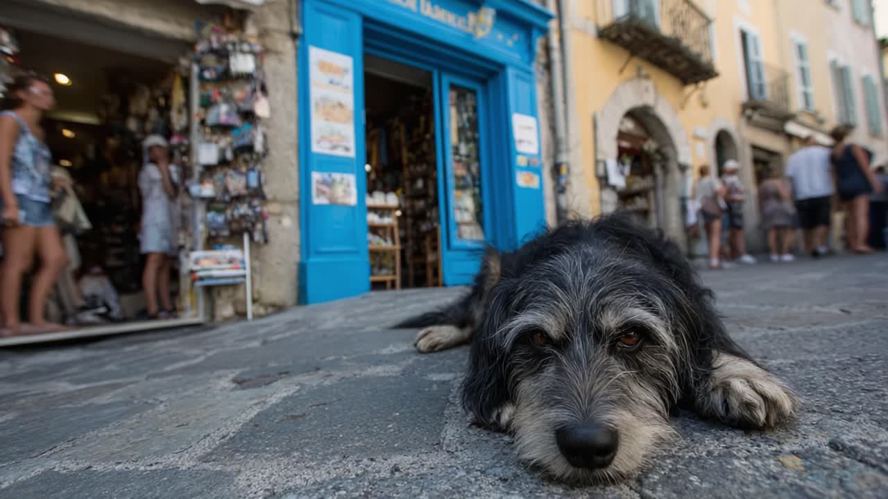 Un cane tranquillo che si rilassa nelle affollate vie vicino a una vetrina vivace, catturando l'essenza del tempo libero tra l'attività urbana