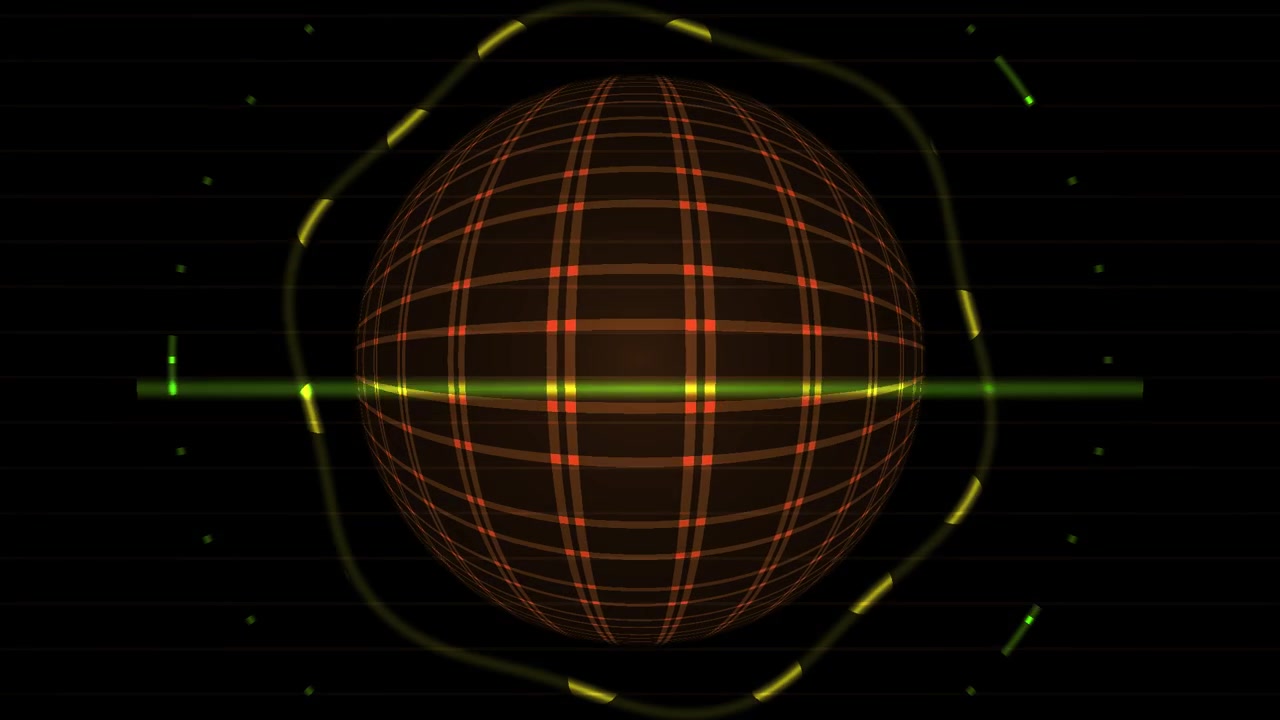 Sfera digitale astratta con griglia luminosa e interfaccia HUD