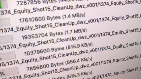 toma de mano muy cercana del monitor que muestra barras de carga crecientes, nombres de archivos y porcentajes de un programa ftp en idioma alemán.