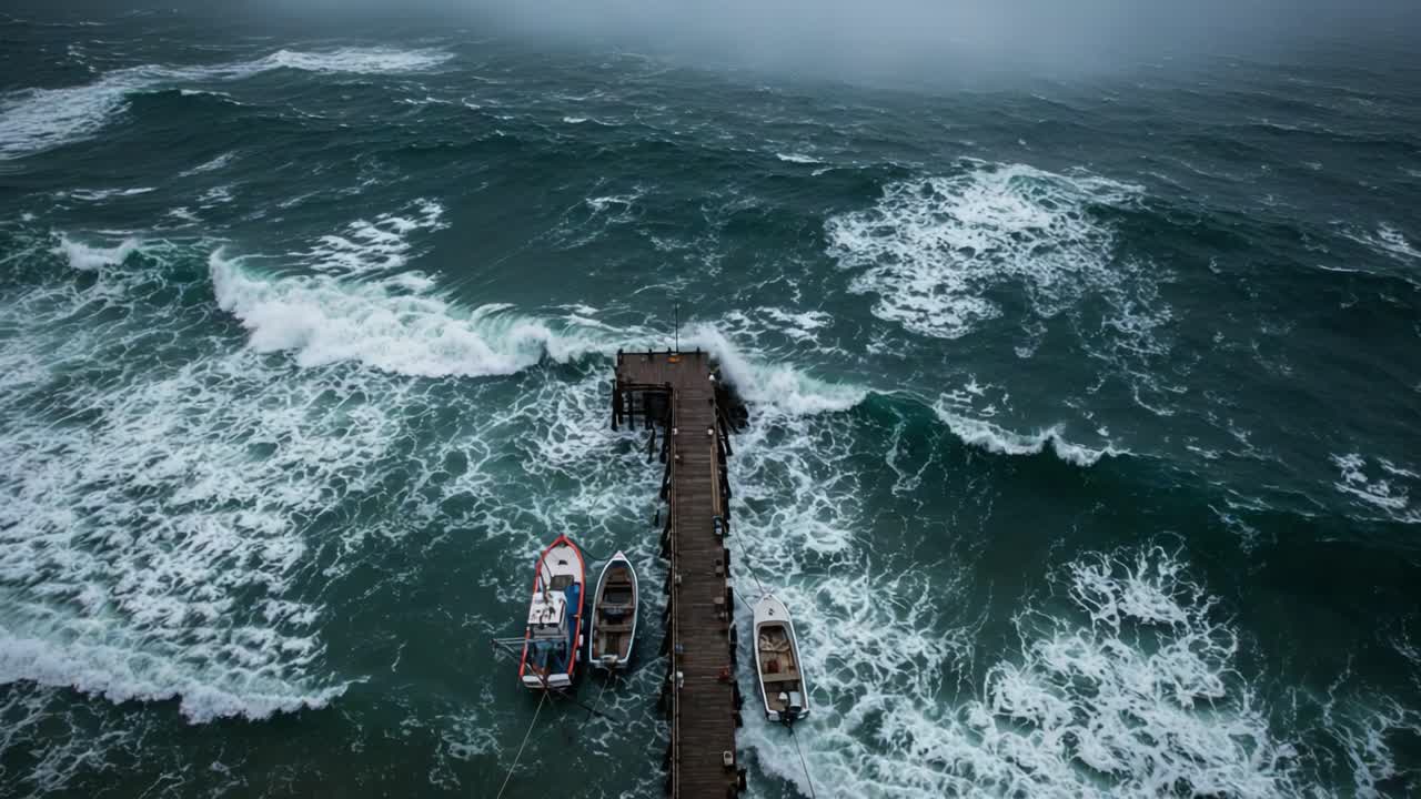 A Dramatic Perspective of a Pier Surrounded by Turbulent Ocean Waves Capturing the Power of Nature in a Stormy Atmosphere
