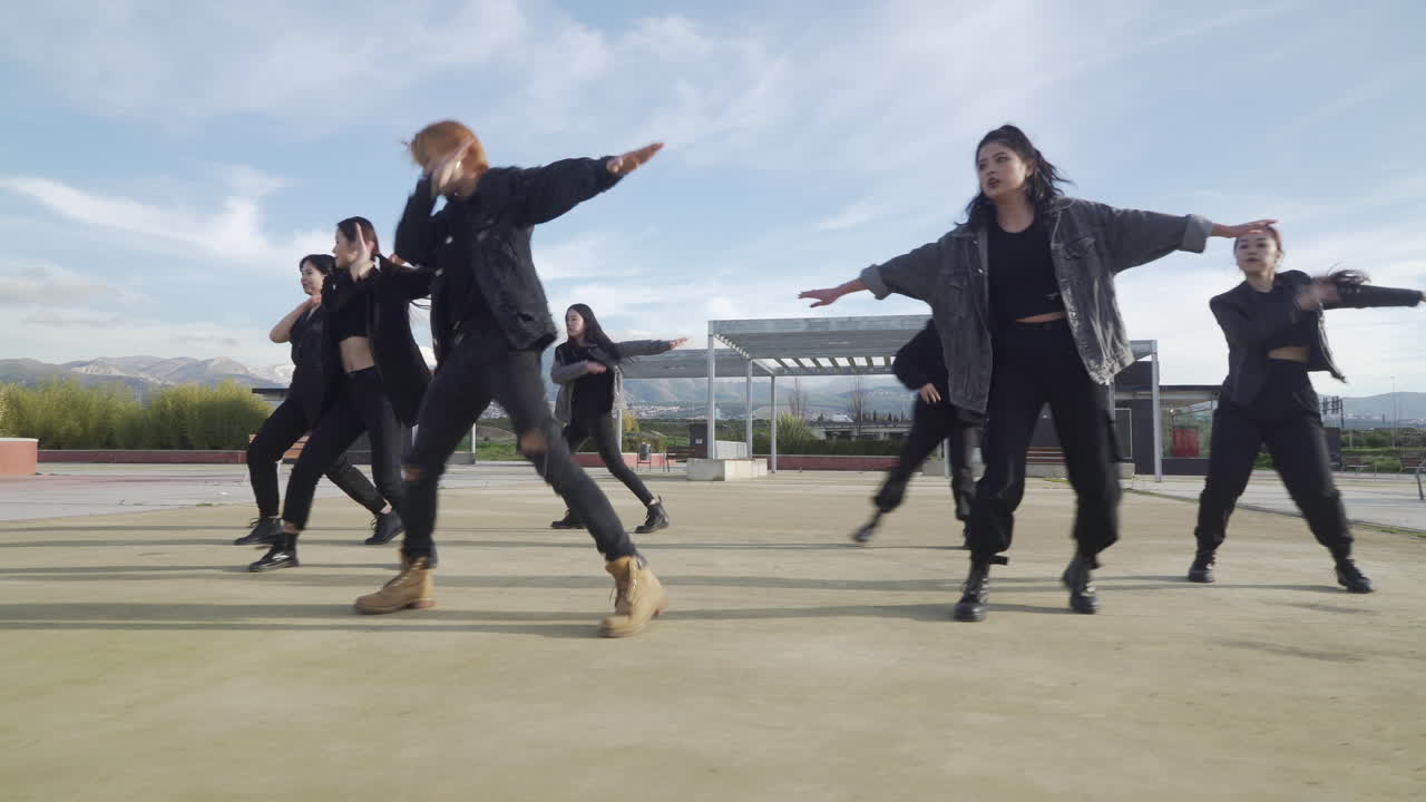 Young STREET PERFORMER performing on the street. Seven chinese teenagers dancing kpop