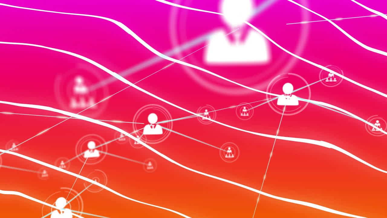 animación de la red de conexiones e íconos de usuario sobre un fondo de gradiente rosa y naranja