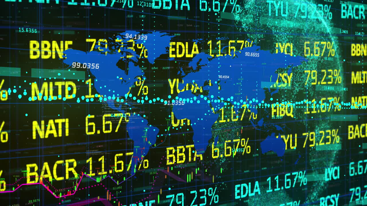 Animation of numbers changing and data processing with globe and world map