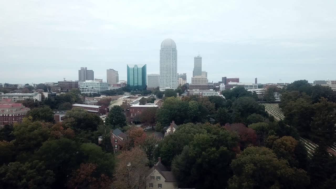 Aerial Winston Salem Skyline in Fall in 4k