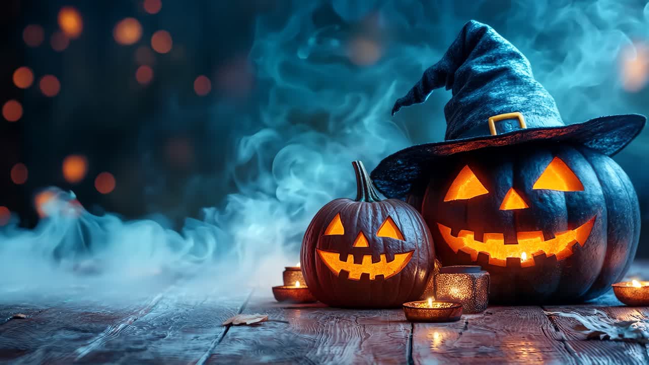 A pair of pumpkins with a witch's hat on top of them. The pumpkins are lit up and the hat is black
