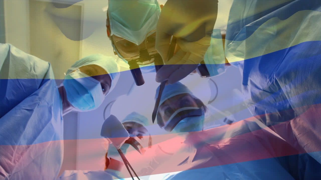 수술실 에 있는 외과 의사 들 위 에 콜롬비아 의  ⁇ 발 이 흔들리는 애니메이션