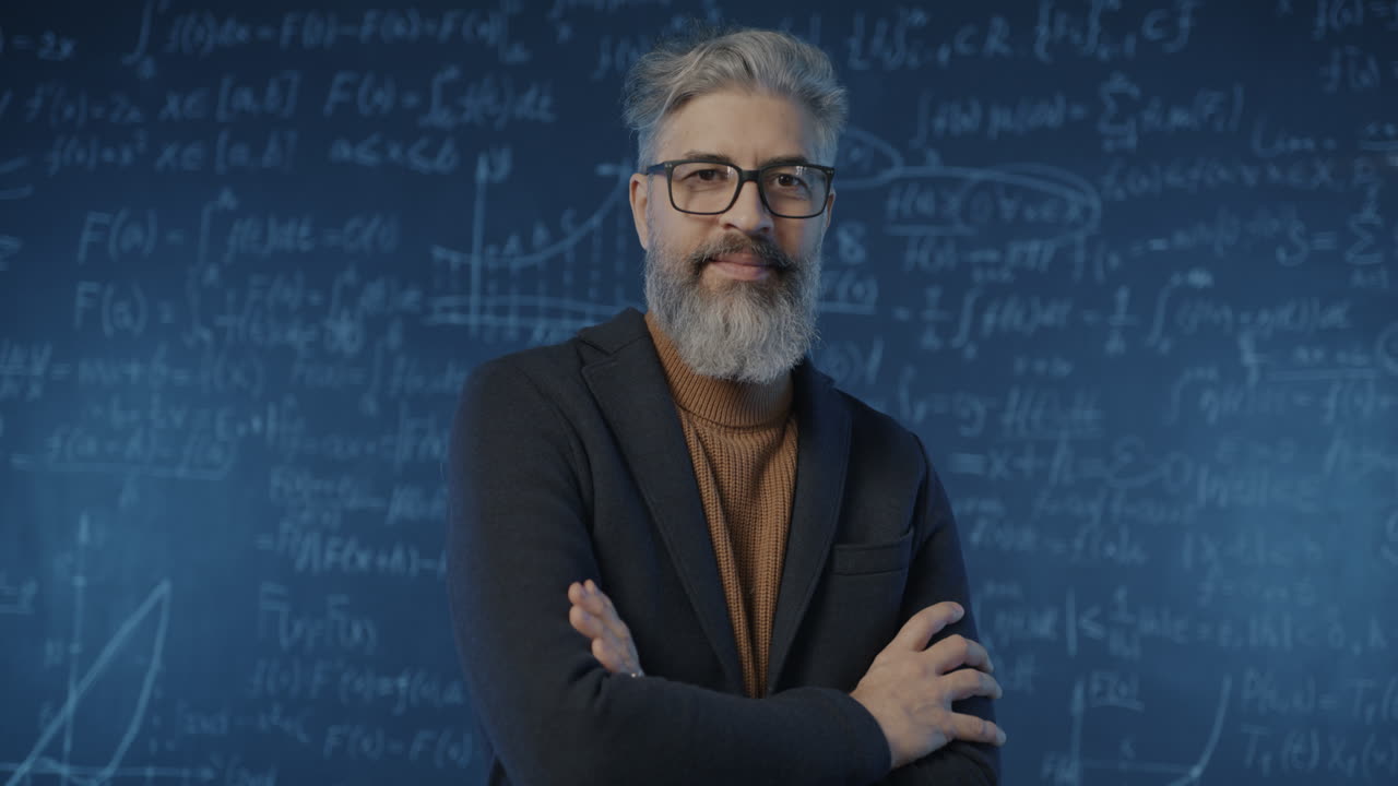 Professor in front of a blackboard with equations