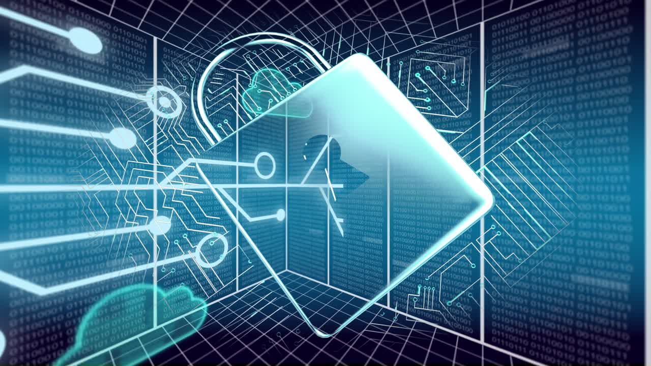 animación de candados, nubes, datos binarios y red de conexiones a través de la red