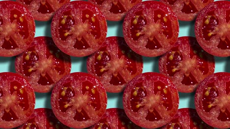 two layers of tomato slices in geometric pattern on a pale blue background. motion graphic food concept seamless loop animation